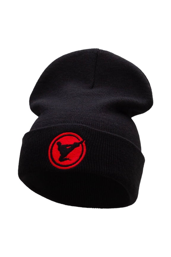 Karate High Kick Embroidered 12 Inch Long Knitted Beanie - Black OSFM