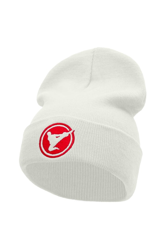 Karate High Kick Embroidered 12 Inch Long Knitted Beanie - White OSFM