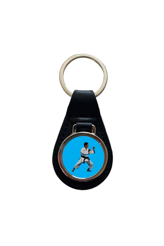 Karate Man Metal Black Leather Keychain