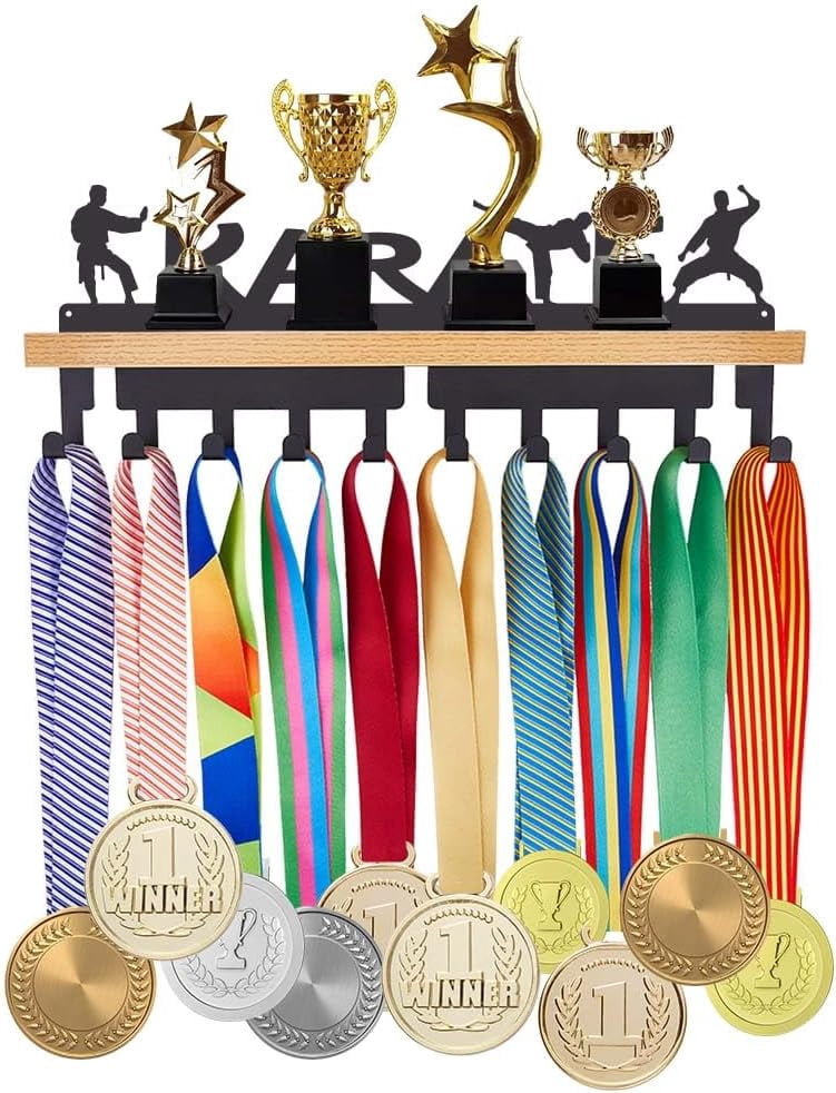 Thropys Rack Karate Medal Hanger Display Trophy Shelf Wooden Trophy Shelf with 10 ...