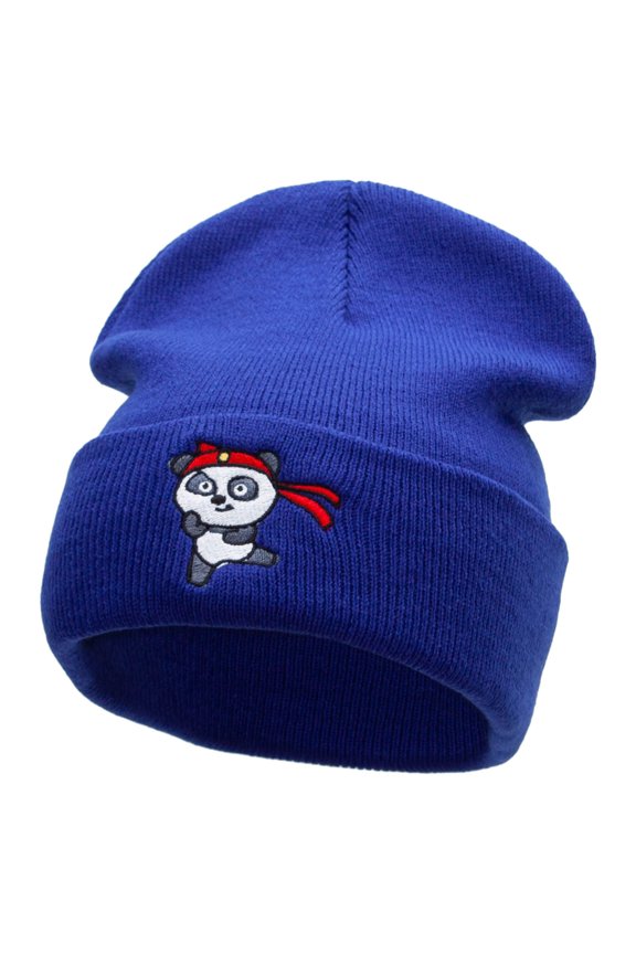 Karate Panda Embroidered 12 Inch Long Knitted Beanie - Royal OSFM