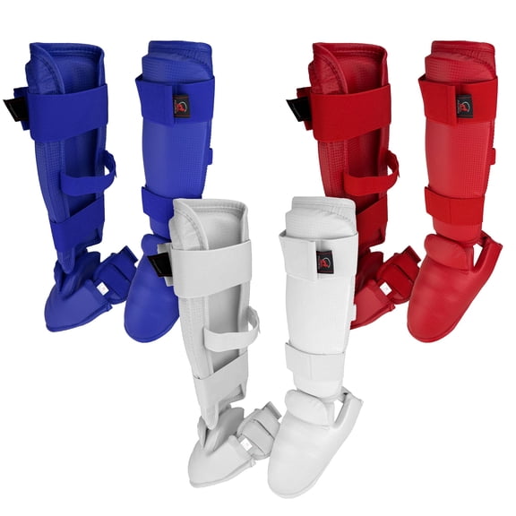 Karate Shin and Instep Guard Toe-covered, WKF Style Shin Pad Foot Protector Martial Arts Gear (Blue, SM)