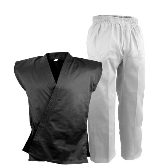 Karate Sleeveless Uniform Gi, Black Top and White Pants, Martial Arts Open Taekwondo Demo Team Set (#2)