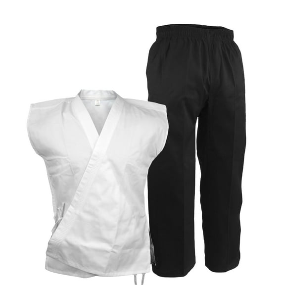 Karate Sleeveless Uniform Gi, White Top and Black Pants, Martial Arts Open Taekwondo Demo Team Set (#1)