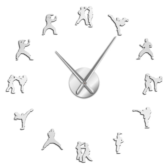Karate Taekwondo Silouette Frameless Wall Clock Stickers, DIY Modern Decorative Clocks for Living Room, Bedroom, Office - Easy to Install, Large 3D Clock Design (Silver,27in)