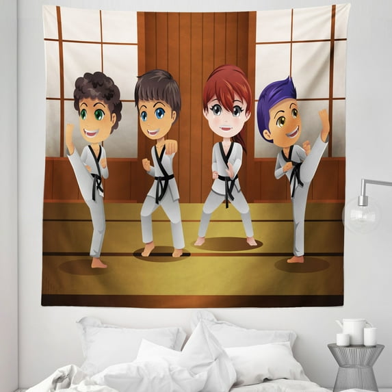 Karate Tapestry, Practicing Martial Arts Self Defence in Dojo Cartoon Illustration, Fabric Wall Hanging Decor for Bedroom Living Room Dorm, 5 Sizes, Redwood Multicolor, by Ambesonne