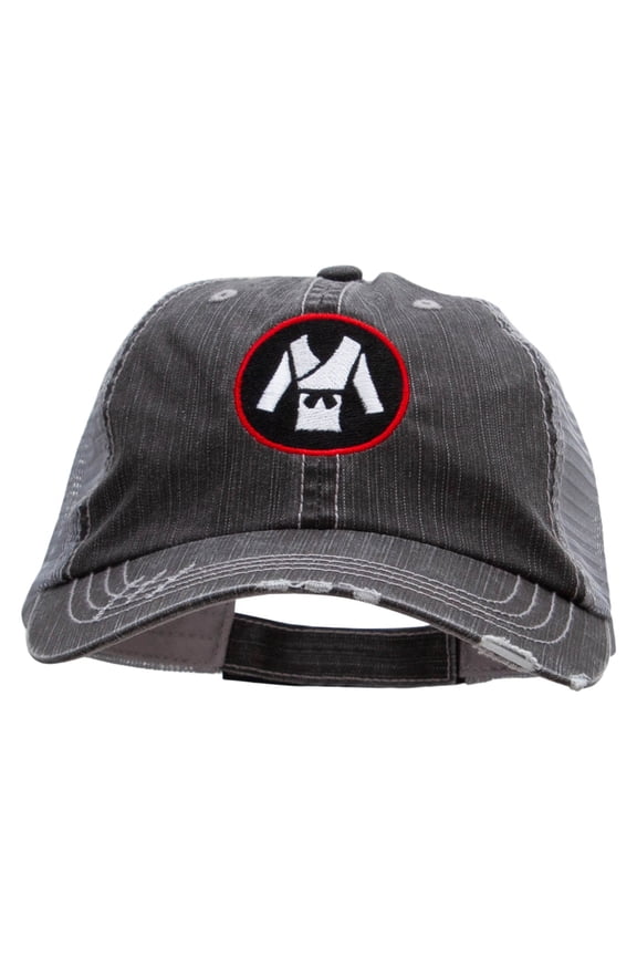 Karate Uniform Embroidered Frayed Mesh Cap - Black OSFM