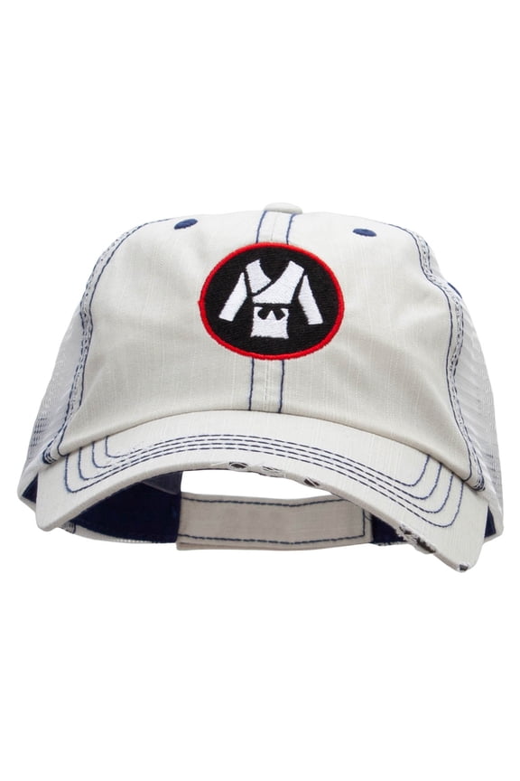 Karate Uniform Embroidered Frayed Mesh Cap - Putty OSFM