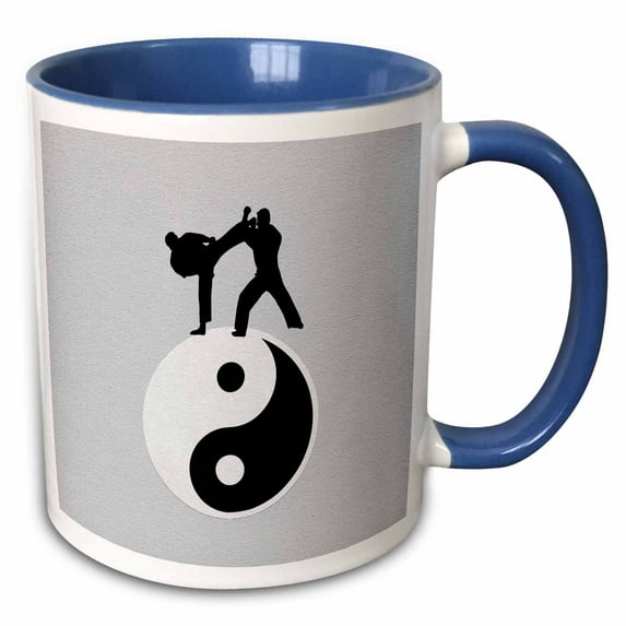 3drose, Karate Yin-yang Sign with Men Training, Gray, Black, and White, 15oz Two-tone Blue Mug