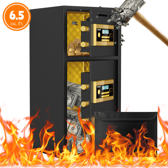Opentiny 6.5 Cuft Double-Door Large Home Safe Fireproof Waterproof, Anti-Theft Money Safe Box with Removable Shelf & Dual Alarm System, Digital Security Document Safe for Home Business Office, Gold