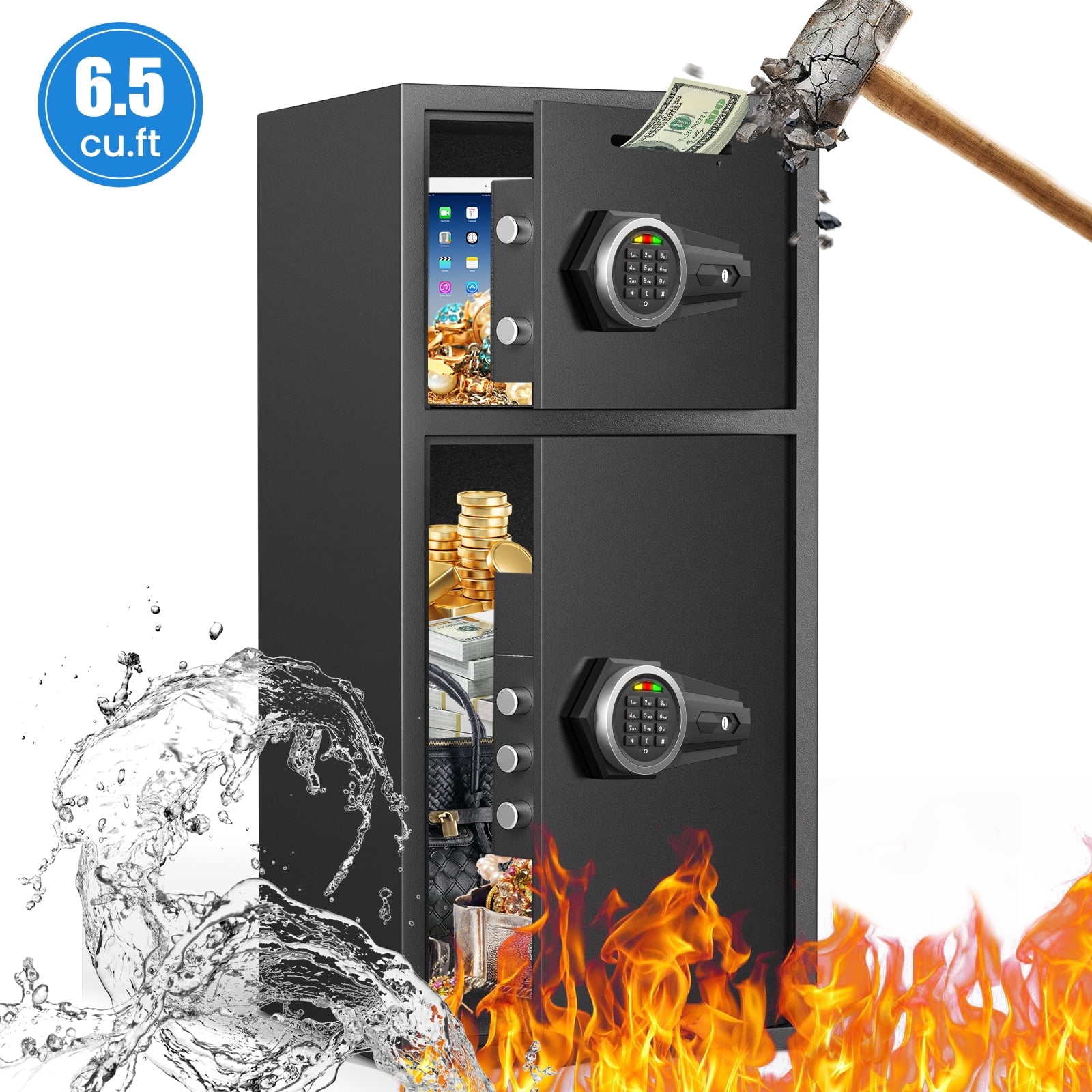 Opentiny 6.5 Cuft Large Safe, Digital Lock Home Safe Fireproof Waterproof, Anti-Theft Money Safe Box with Deposit Slot & Dual Alarm System, Digital Security Document Safe for Home Office Hotel