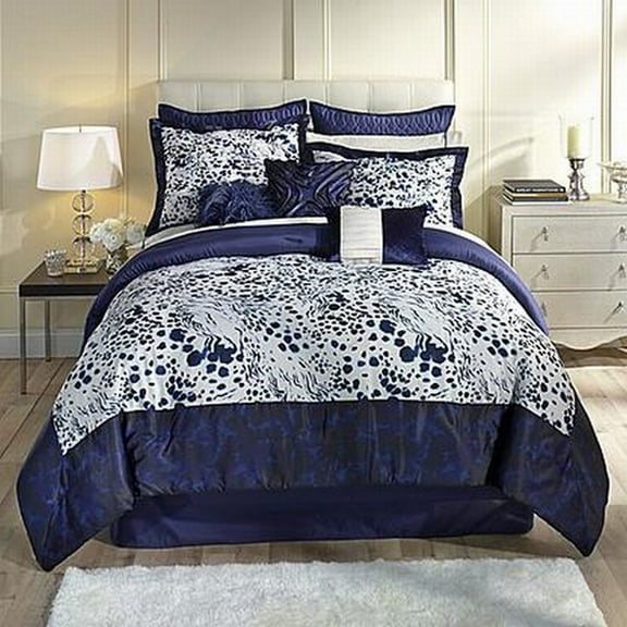 Kardashian Collection Indigo Blue Full Bed Comforter Set Animal Print 4 Piece