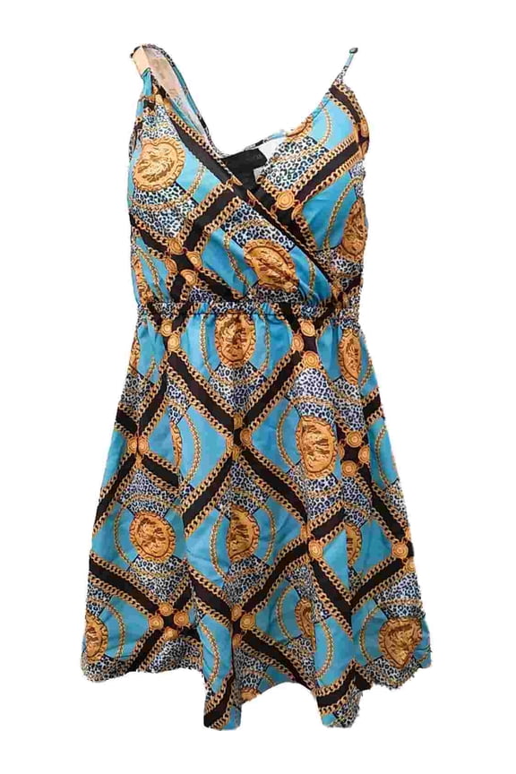 Womens Blue & Cheetah Print Sun Dress Gold Coin Sundress