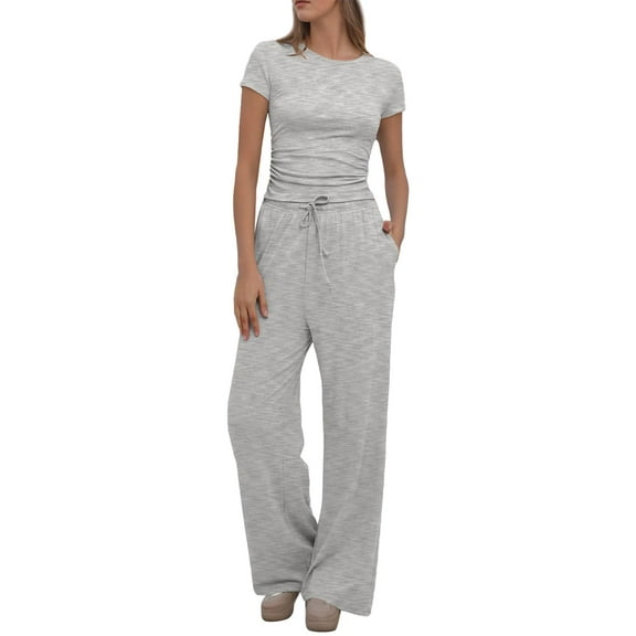 Kardashian Style Women's Crew Neck Short Sleeve Pleated Top and Elastic Waist Pocket Straight Pants Loungewear Set