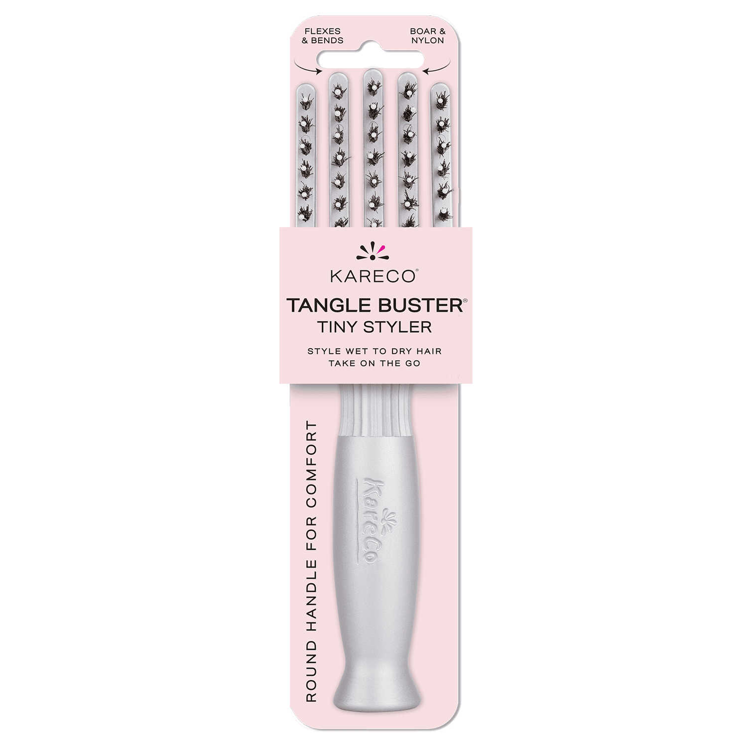 KareCo Tangle Buster Tiny Styler Salon Professional Flexible Paddle Hairbrush, Silver, Mixed Bristles