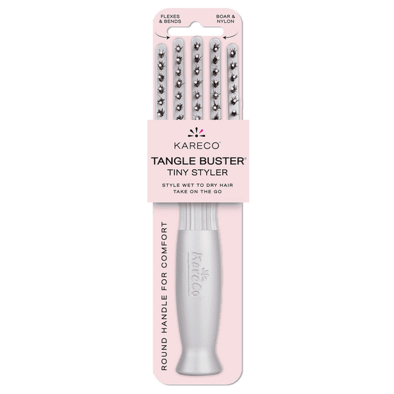 KareCo Tangle Buster Tiny Styler Salon Professional Flexible Paddle Hairbrush, Silver, Mixed Bristles