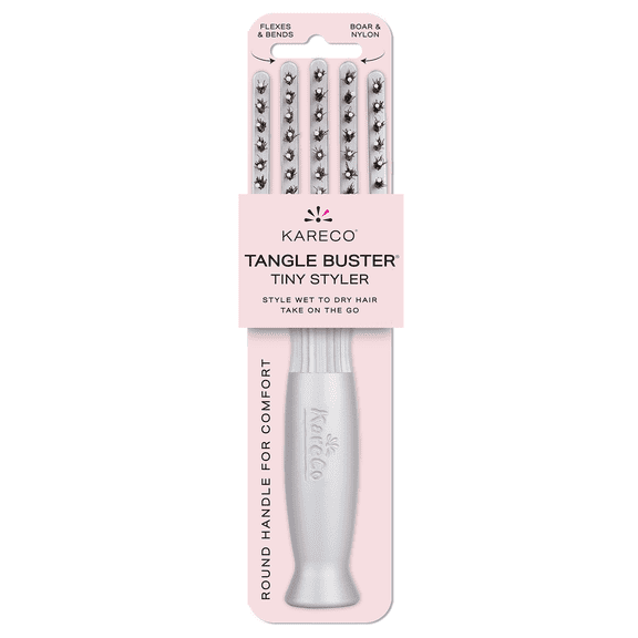 KareCo Tangle Buster Tiny Styler Salon Professional Flexible Paddle Hairbrush, Silver, Mixed Bristles