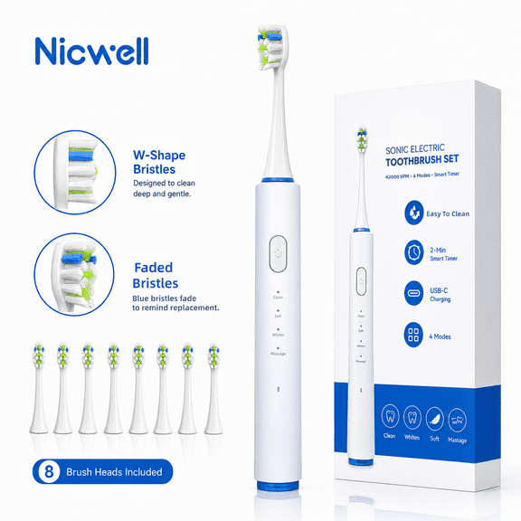 KareNow Electric Toothbrush with 8 Soft Replacement Brush Heads for Adults, 4 Modes Clean teeth, Smart Timer for Gift