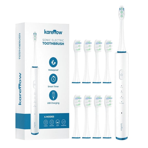 KareNow Electric Toothbrush with 8 Soft Replacement Brush Heads for Adults, 4 Modes Clean teeth, Smart Timer for Gift