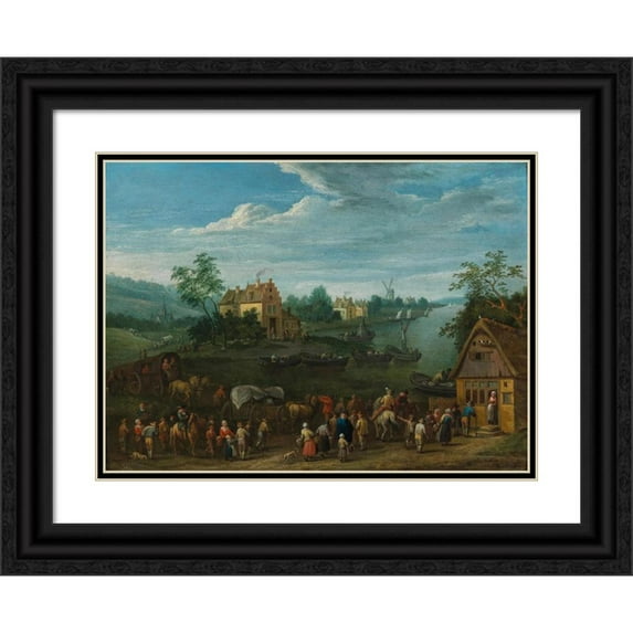 Karel Breydel 14x11 Black Ornate Wood Framed Double Matted Museum Art Print Titled: A River Landscape with Travellers in the Foreground