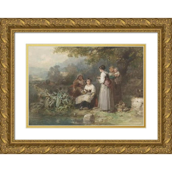 Karel Frans Philippeau 18x14 Gold Ornate Wood Frame and Double Matted Museum Art Print Titled - Group of Fishing Italian Women (1835 - 1897)