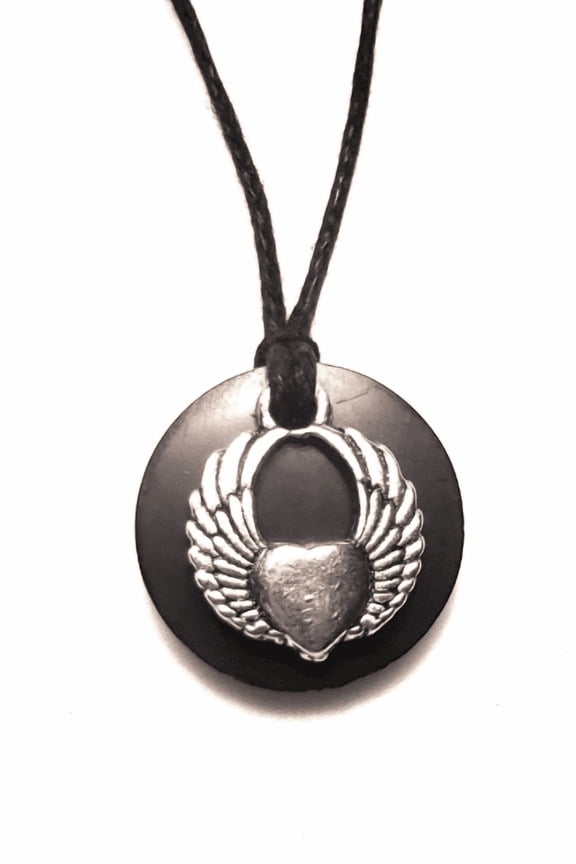 Angel Wing Black Shungite Necklace, 29 in, Heart Protection Filter Blocker Adult Teens Unisex
