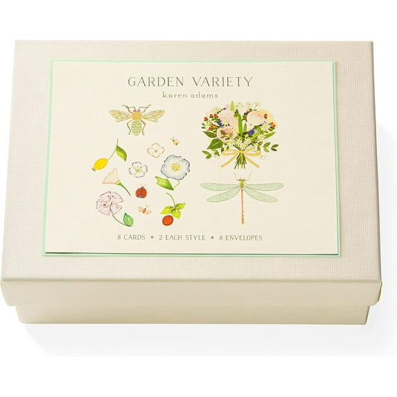 Karen Adams Box of 8 Assorted Notecards with Matching Envelopes - Garden Variety, Natural White