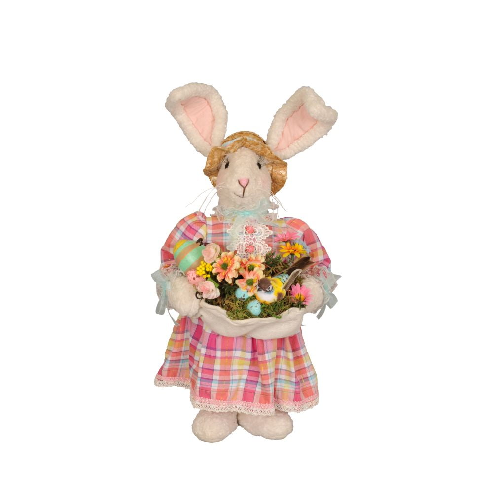 Karen Didion Bird Nest Bunny Figurine, 20" Spring Decor, Easter Decoration in Pink