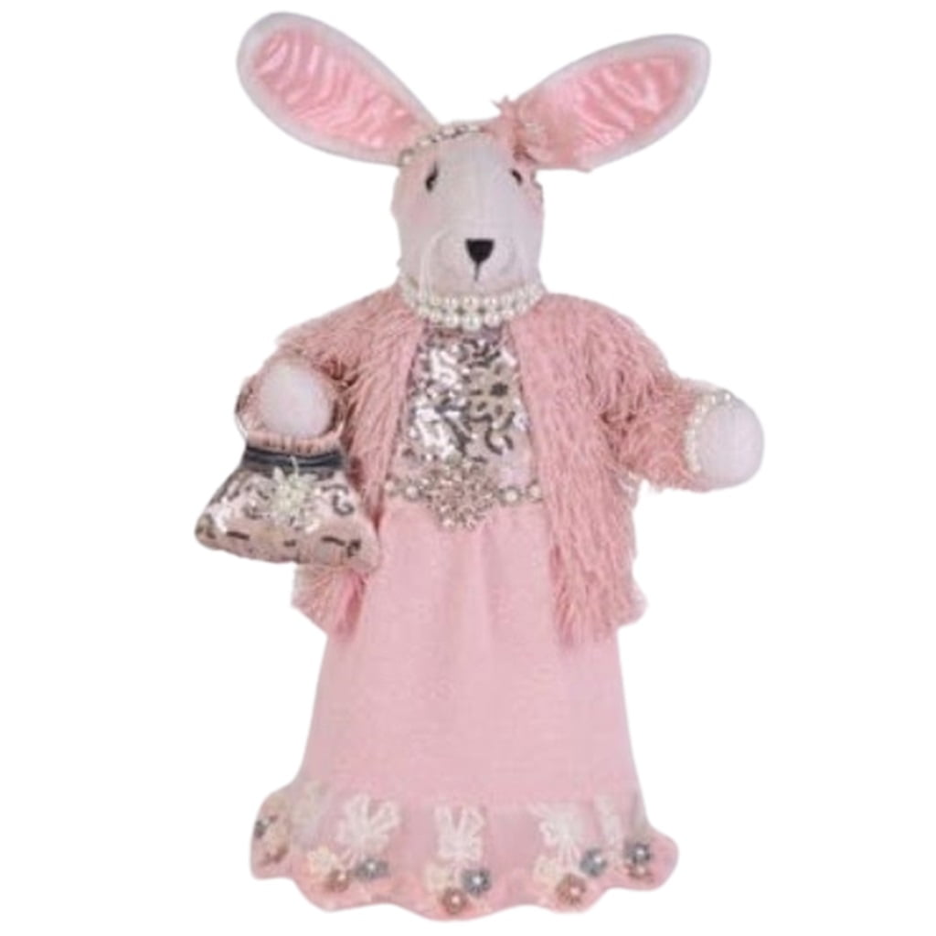 Pink Crystal Bunny Figurine with Sequins and Pearls, 19 Inches