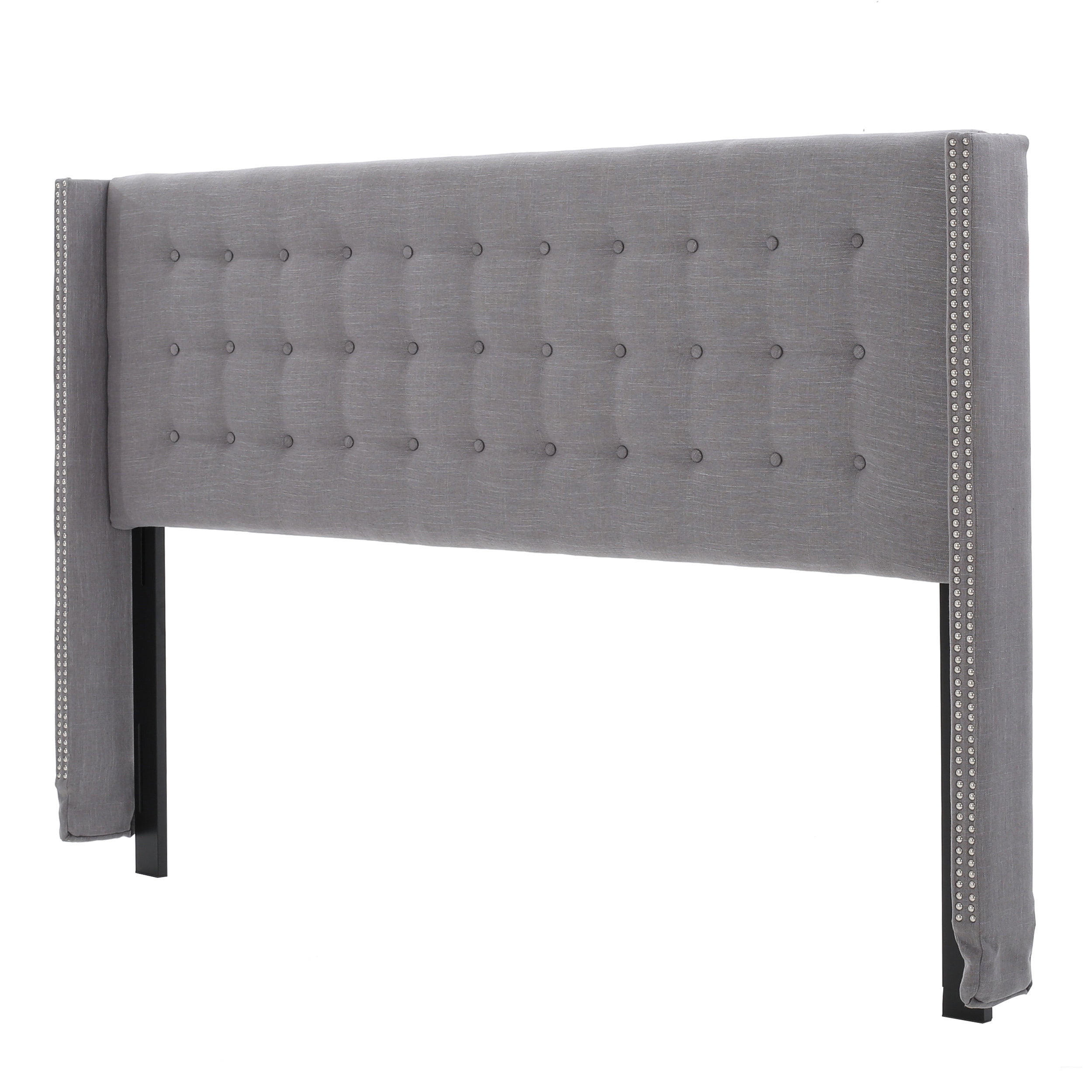 King Dark Gray Linen Upholstered Tufted Headboard with Studded Wings