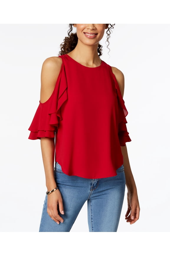 Cold Shoulder Ruffle Sleeve Top Red Xl