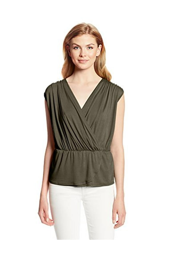 Karen Kane Women's Shirred Wrap Peplum Top, Green, X-Large