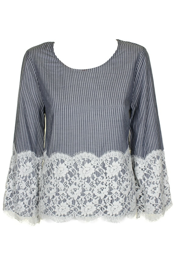 Womens Black White Lace-Trim Striped Blouse S