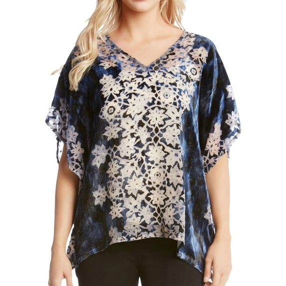 Karen Kane Womens Burnout Velvet Pullover Blouse, Blue, Small