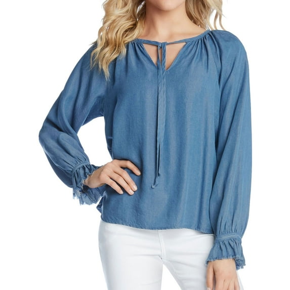 Karen Kane Womens Ruffle Cuff Pullover Blouse, Blue, X-Small