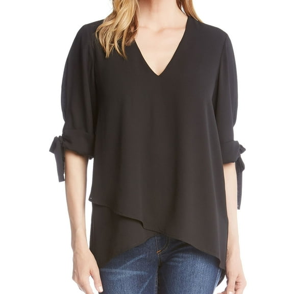 Karen Kane Womens Crossover Bow Sleeve Hi Low Pullover Blouse, Black, X-Small