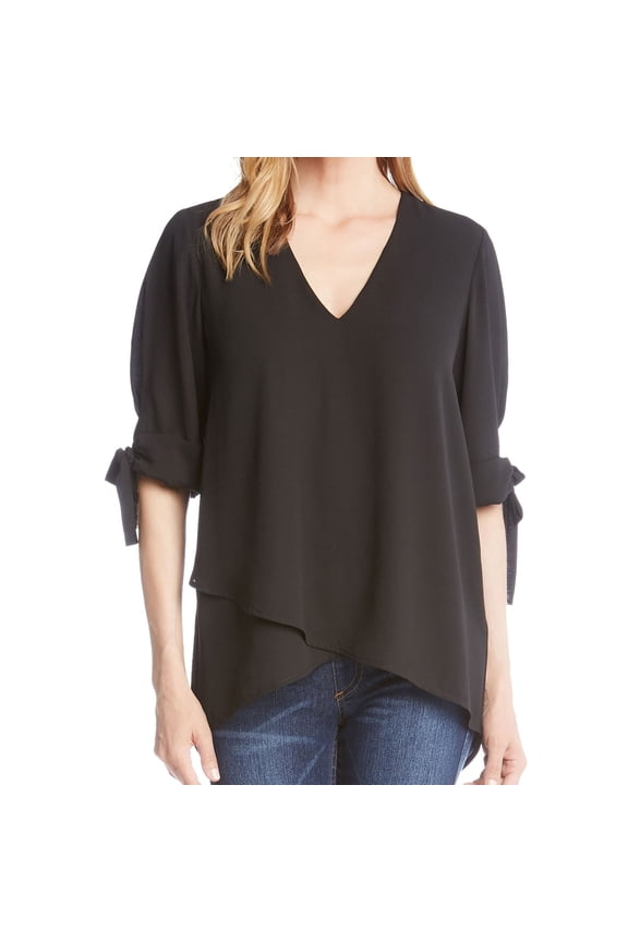 Womens Crossover Bow Sleeve Hi Low Pullover Blouse, Black, X-Small