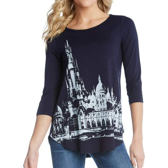Karen Kane Womens European Printed 3/4 Sleeves Pullover Top Navy XS