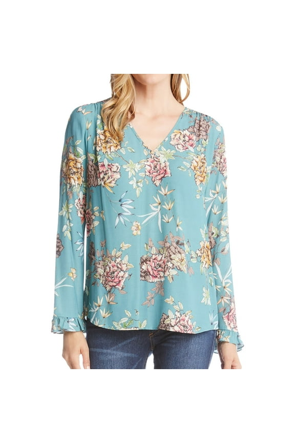Womens Floral Ruffled Blouse, Blue, Medium