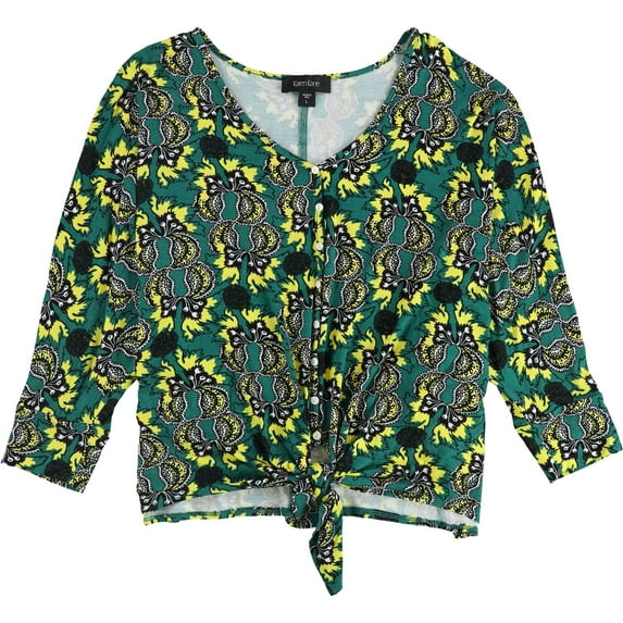 Karen Kane Womens Floral Tie Front Button Down Blouse, Green, Large