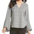 thumbnail image 1 of Karen Kane Womens Plaid Bell Sleeved Pullover Blouse, Grey, Medium, 1 of 2