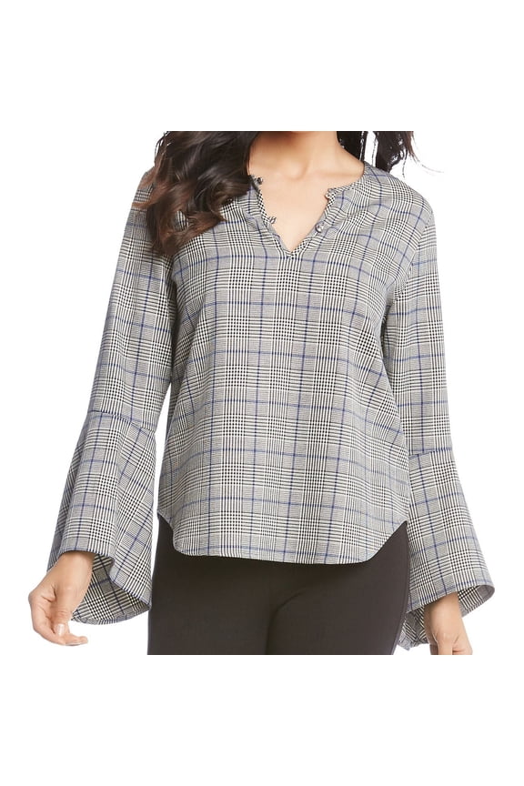 Womens Plaid Bell Sleeved Pullover Blouse, Grey, Medium