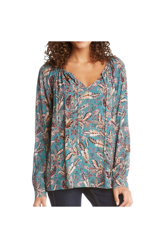 Womens Printed Peasant Blouse, Blue, X-Small