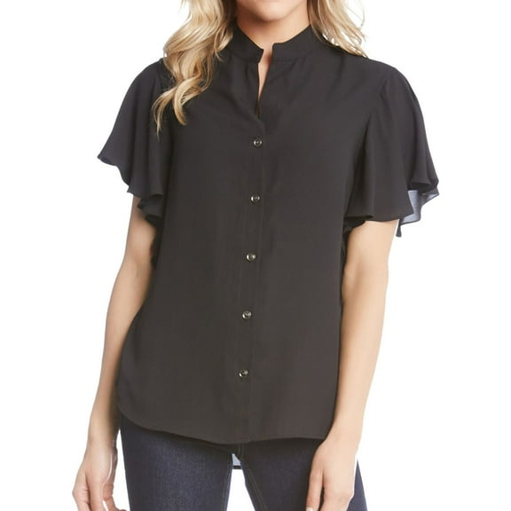 Karen Kane Womens Ruffle Sleeve Button Down Blouse, Black, X-Small
