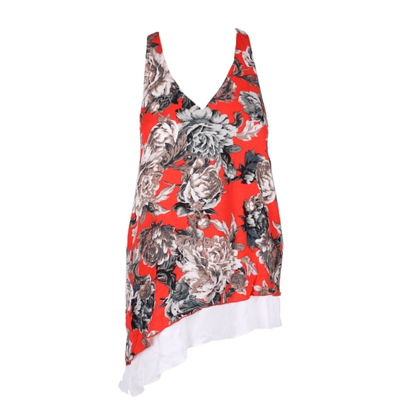 Karen Kane Womens Tan Orange Printed Sleeveless Contrast-Trim Asymmetrical Top XS