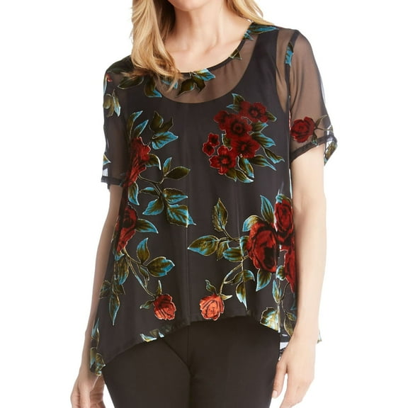 Karen Kane Womens Velvet Burnout Pullover Blouse, Black, Small