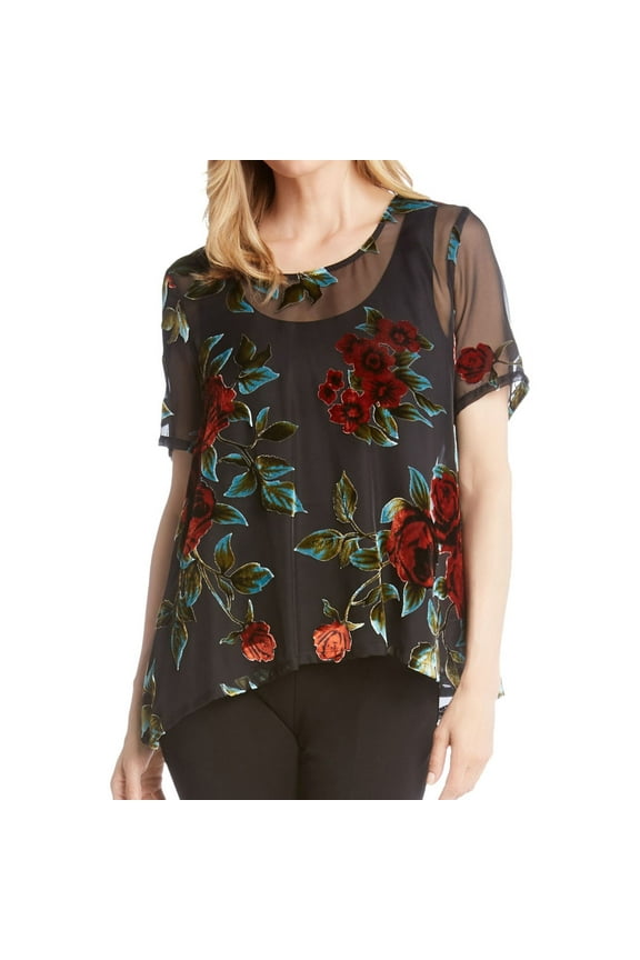 Womens Velvet Burnout Pullover Blouse, Black, Small