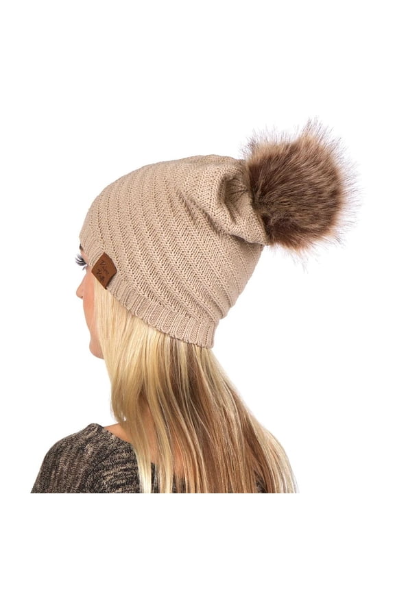 Beanie, Slouchy Warm Winter Hat, Knit with Pom-Pom on Top LTC Hats POM4 (Khaki B)