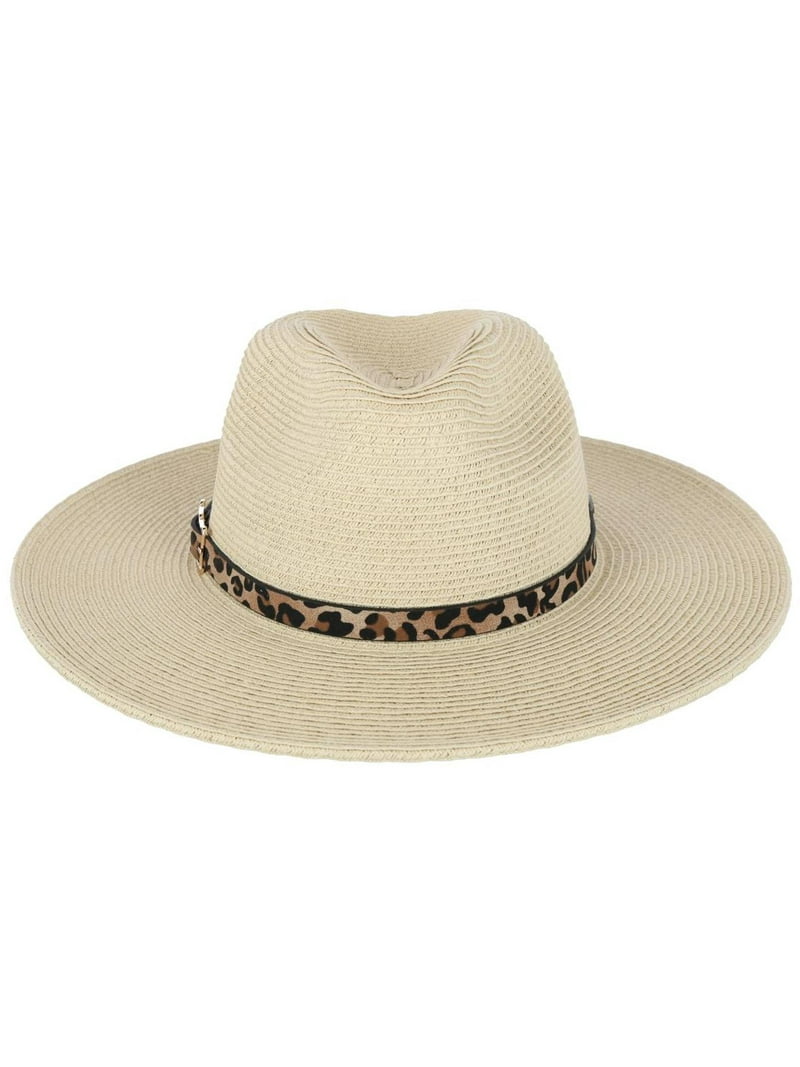 Karen Keith Braided Toyo Fedora Sun Hat with Leopard Hat