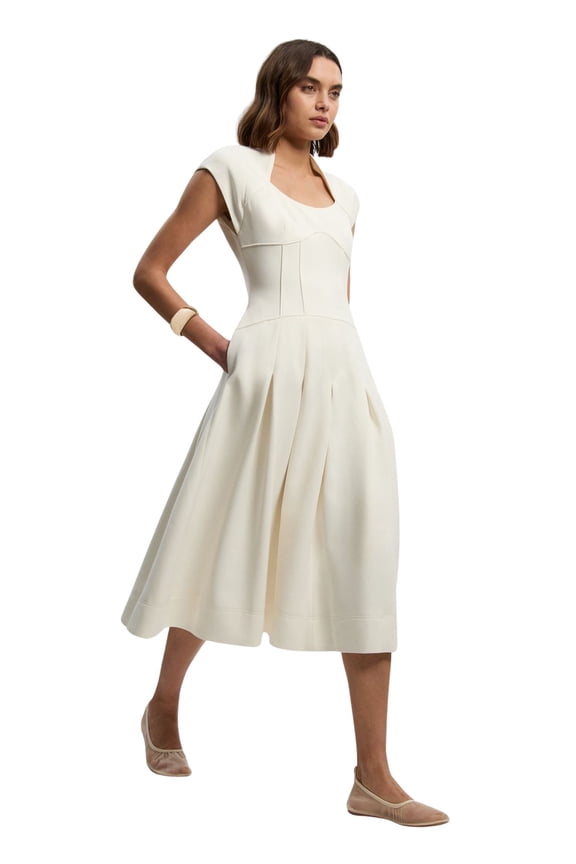 Compact Stretch Dropped Waist Midi Dress - White, 4
